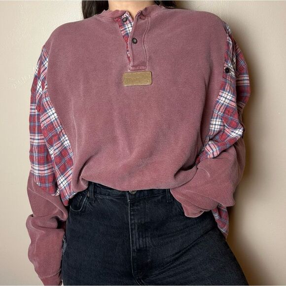 Vintage Reworked Upcycled Wrangler Long Sleeve Two Tone Henley Flannel Shirt Top - Picture 2 of 4